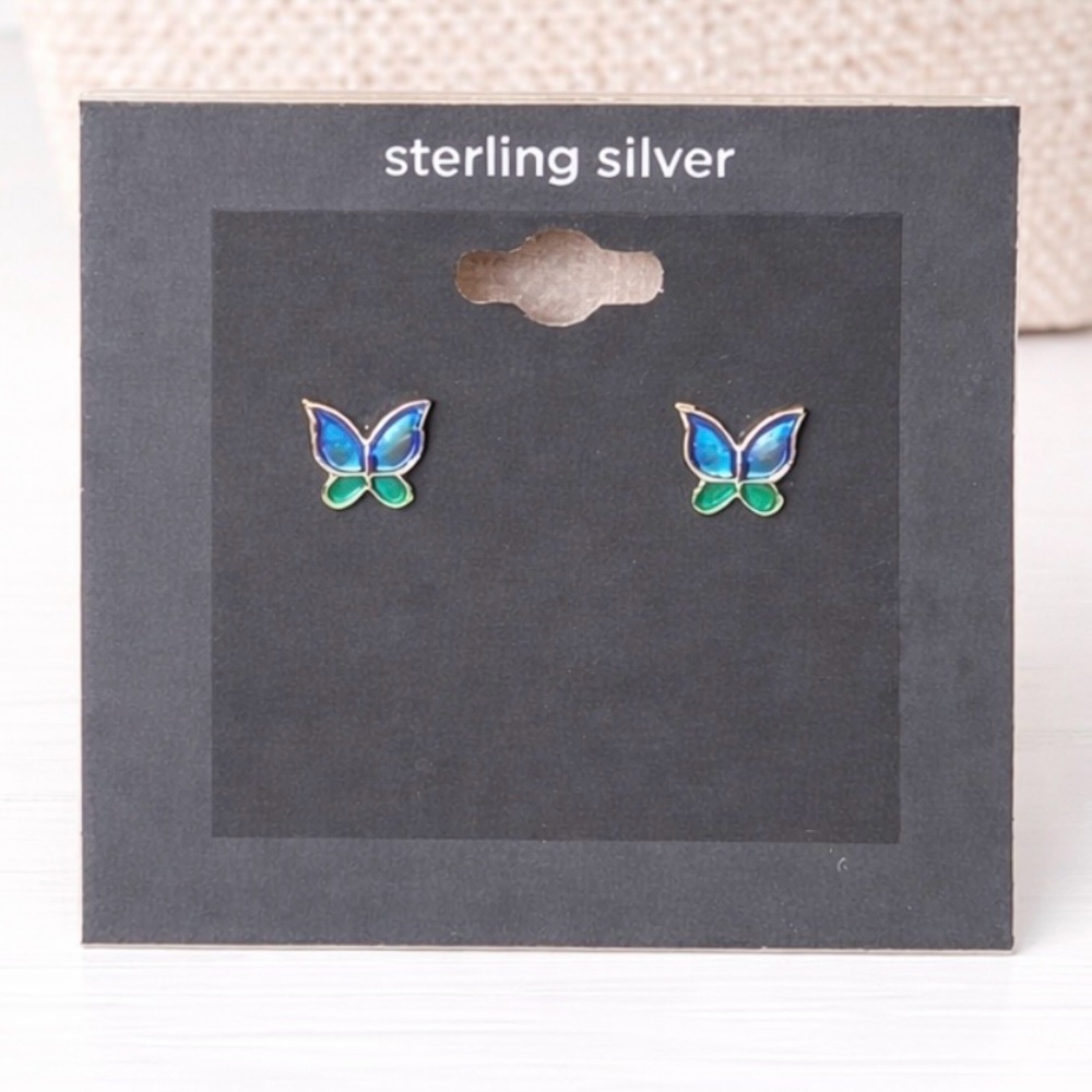 Sterling Silver Blue Green Butterfly Stud Earrings Enamel Wings